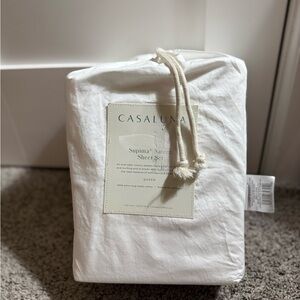 New Queen Casaluna Supima Sateen Sheet Set in Elegant & Timeless Bright White.